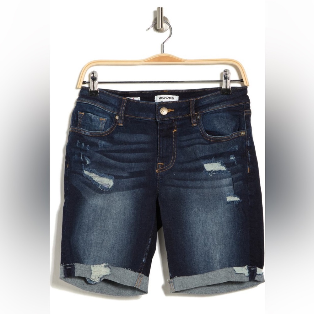 Distressed Roll Cuff Denim Bermuda Shorts Vigoss